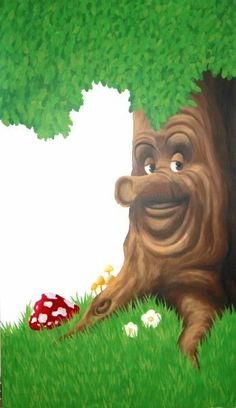 a painting of a tree with a smiling face on it's trunk and mushrooms in the background