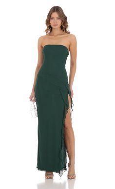 Mesh Ruffle Slit Dress in Green | LUCY IN THE SKY Green Wedding Guest Dresses, Prom Dress Inspo, Long Green Dress, Dark Green Dress, Lucy In The Sky, Prom Dress Inspiration, Cute Prom Dresses, Grad Dresses, Green Prom Dress