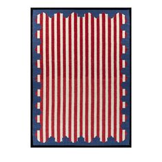 a red, white and blue striped rug with black border on the bottom half of it