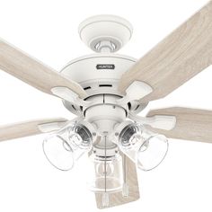 a white ceiling fan with three clear glass shades on the blades and two wooden blades