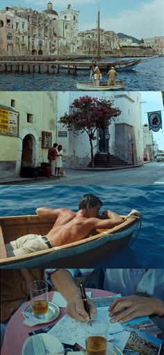 a man is sitting in a boat on the water while another man sits at a table