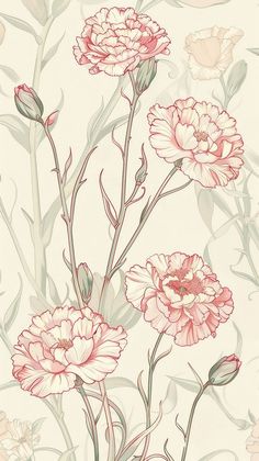 pink flowers on a white wallpaper with green stems and leaves in the background,