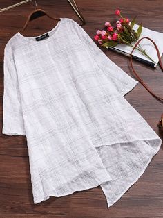 M-5XL Vintage Women Long Sleeve Plaid Asymmetrical Baggy Blouse Baggy Blouse, Indian Clothes Women, Linen Dresses For Women, Blouse Size Chart, Fashion Blouses, Asymmetrical Blouse, Long Sleeve Plaid Shirt, Sleeveless Jacket, Linen Blouse