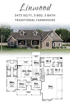 the linwood traditional farmhouse house plan is shown in two different colors and features an open floor