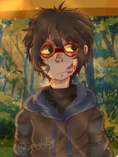 an anime character with black hair and glasses in front of a forest filled with trees