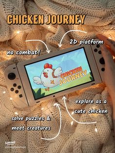 a person holding a nintendo wii game controller in their hands with the words chicken journey on it