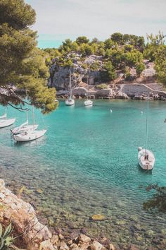 several small boats floating in the clear blue water