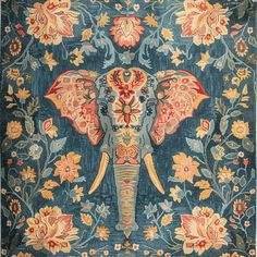 an elephant is painted on the side of a blue rug with orange and yellow flowers