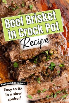 beef brisket in crock pot recipe on a cutting board with text overlay