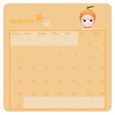 a calendar with an orange character on the side and stars in the background for march