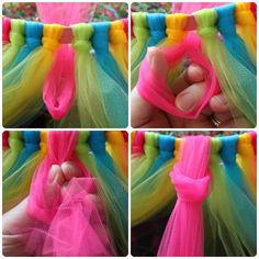 four pictures of different colored tulle with hands holding the string and making it look like they have been tied together