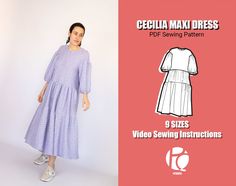 a woman in a purple dress with the text, cecilia maki dress sewing pattern