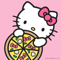 a hello kitty holding a pizza on a pink background