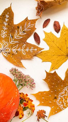 autumn leaves and pumpkins on a white surface