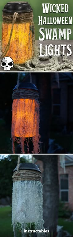 two jars with halloween lights in them