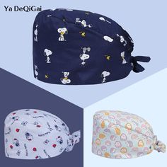 three hats with different designs on them, one is blue and the other has white