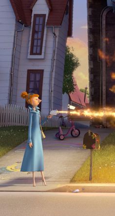 a cartoon character standing in front of a house with fire coming out of its chimney