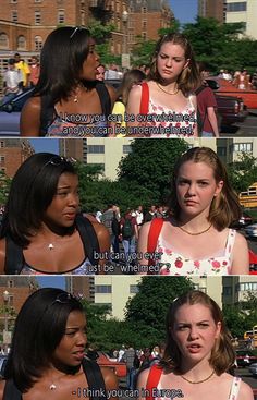 two women talking to each other in front of a building with the caption, i know