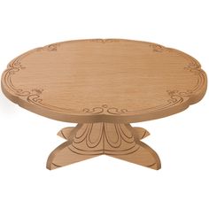 a wooden table with an ornate design on the top and bottom, sitting in front of a white background