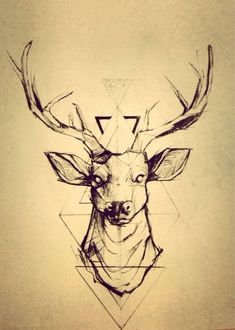 a drawing of a deer's head with triangles in the background