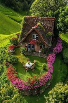 an aerial view of a house surrounded by flowers