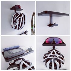 there are four different views of a bicycle helmet and sunglasses on the shelf above it