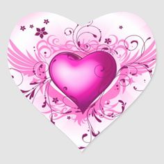 a pink heart with wings and flowers on it sticker for the back of a car