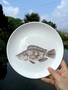 a hand holding a white plate with a fish on it