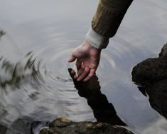 a person reaching for something in the water with their hand on top of some rocks