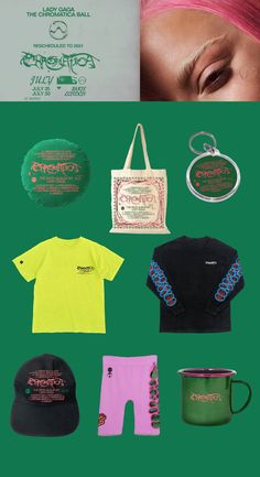 various items are displayed on a green background