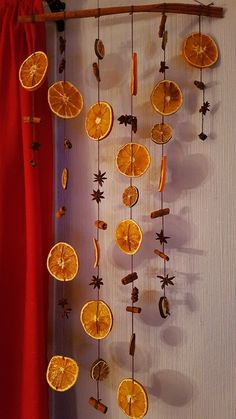 orange slices are hanging from a branch on the wall next to a red drapes