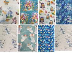 six different images of christmas fabric with angels and presents on them, all handwritten in blue ink