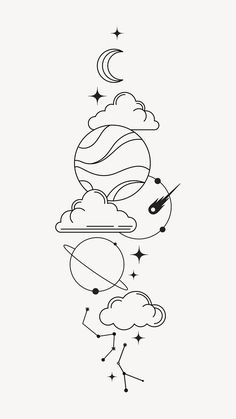 a drawing of the planets with stars and clouds on it, in black and white