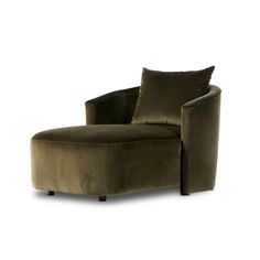 an olive green chair with pillows on the armrests and back rest, in front of a white background