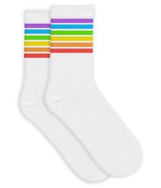 Plain white socks are boring. Rainbow socks are magical. That's all that needs to be said to end the debate about footwear. We can't advocate wearing these with sandals, but they are a legit choice for any type of closed toe shoes. Preferably spray-painted gold (just to be extra awesome). Rainbow Socks, Tipsy Elves, Comfy Socks, Rainbow Outfit, Closed Toe Shoes, Pride Parade, White Socks, White Rainbow, The Pride