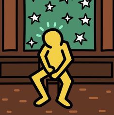 a drawing of a person sitting on a bench in front of a window with stars