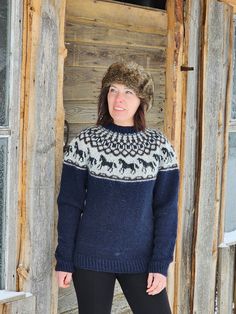 Handknitted Lettlopi sweater.  Primary color 9420-navy blue Nordic Style Blue Fair Isle Outerwear, Blue Fair Isle Sweater For Cold Weather, Winter Fair Isle Long Sleeve Sweater, Blue Fair Isle Winter Outerwear, Vintage Blue Fair Isle Sweater, Fox Socks, Horse Sweater, Icelandic Sweaters, Hand Knit Socks