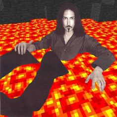 a man sitting on top of a floor covered in red and yellow squares