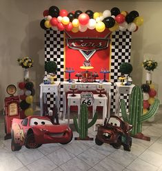 cars themed birthday party with balloons and decorations