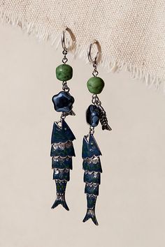 Add a fun and funky finishing touch to every 'fit with these head-turning earrings featuring fish-inspired dangle charm and vibrant beading for super cool and colorful style. | Escape Dangle Earrings by Free People in Silver Lantern Earrings, Aluminum Earrings, Polymer Clay Necklace, Clay Necklace, Colorful Style, Carp, Boho Clothing, Accessories Jewelry, Boho Outfits