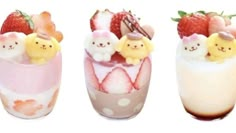 there are three cups with strawberries and other items in them on the white background