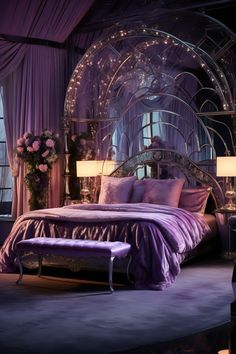 A large art deco bedroom with an amethyst and silver color scheme, featuring luxurious furniture, a canopy bed with a plush blanket, stained glass art, and crystal wall sconces, creating an enchanting and romantic atmosphere. Glamorous Living Room, Silver Bedroom, Purple Bedrooms, Purple Bedroom, Bedroom Trends, Dark Home Decor