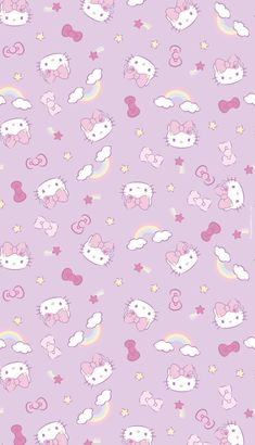 the hello kitty wallpaper is in pastel pink and has stars, clouds, and rainbows on it