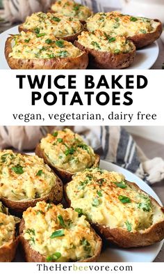 two pictures of baked potatoes on a white plate with text overlay that reads twice baked potatoes vegan, vegetarian, dairy free