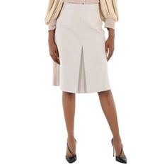 Burberry Ladies Bottoms. Fashion category: Skirts. SKU: 8039343. Color: Soft Fawn Melange. Burberry Soft Fawn Melange Box Pleated Cotton Canvas A-Line Skirt. Concealed side hook-and-eye and zip closure. Outer: 100% cotton, trim: 100% calf leather, lining: 100% cupro. Made in Italy. Size: 4.  Color: Brown.  Gender: female.  Age Group: adult. Box Pleats, A Line Skirt, A Line Skirts, Calf Leather, Cotton Canvas, Womens Bottoms, Burberry, A Line, Size 4