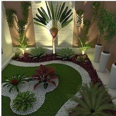 an aerial view of a garden with palm trees and plants in the center, surrounded by white gravel