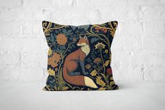 a decorative pillow with an image of a fox sitting on it's hind legs