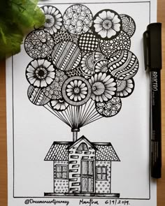 a drawing of a house with flowers in the air and a balloon flying over it