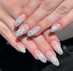 Silver Flames Nails, Chrome Flame Nails Designs, Falling In Reverse Nails, Silver Flame Nails, Flame Heart Nails, Complex Nail Art, Chrome Flame Nails, Hailey Bieber Nails, Bieber Nails