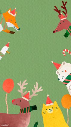 an illustration of animals wearing christmas hats and scarves on their heads, in the middle of a green background